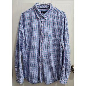 johnnie-O Shirt Mens Large Blue Plaid Button Long Sleeve Linen Blend Surfer XL
